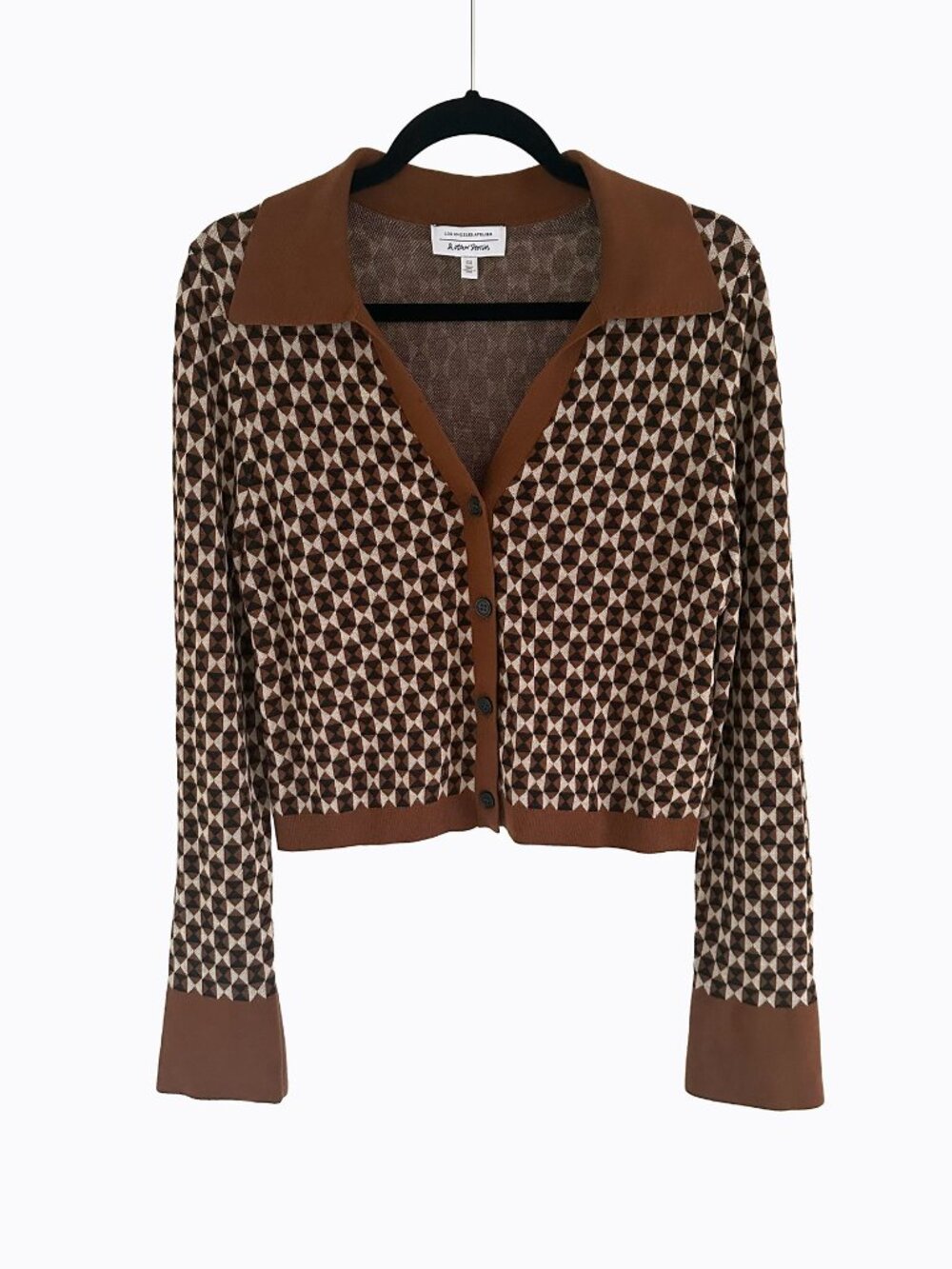 & Other Stories Brown Geometric Jacquard Wool Crop Collared Knit Cardigan M Prep